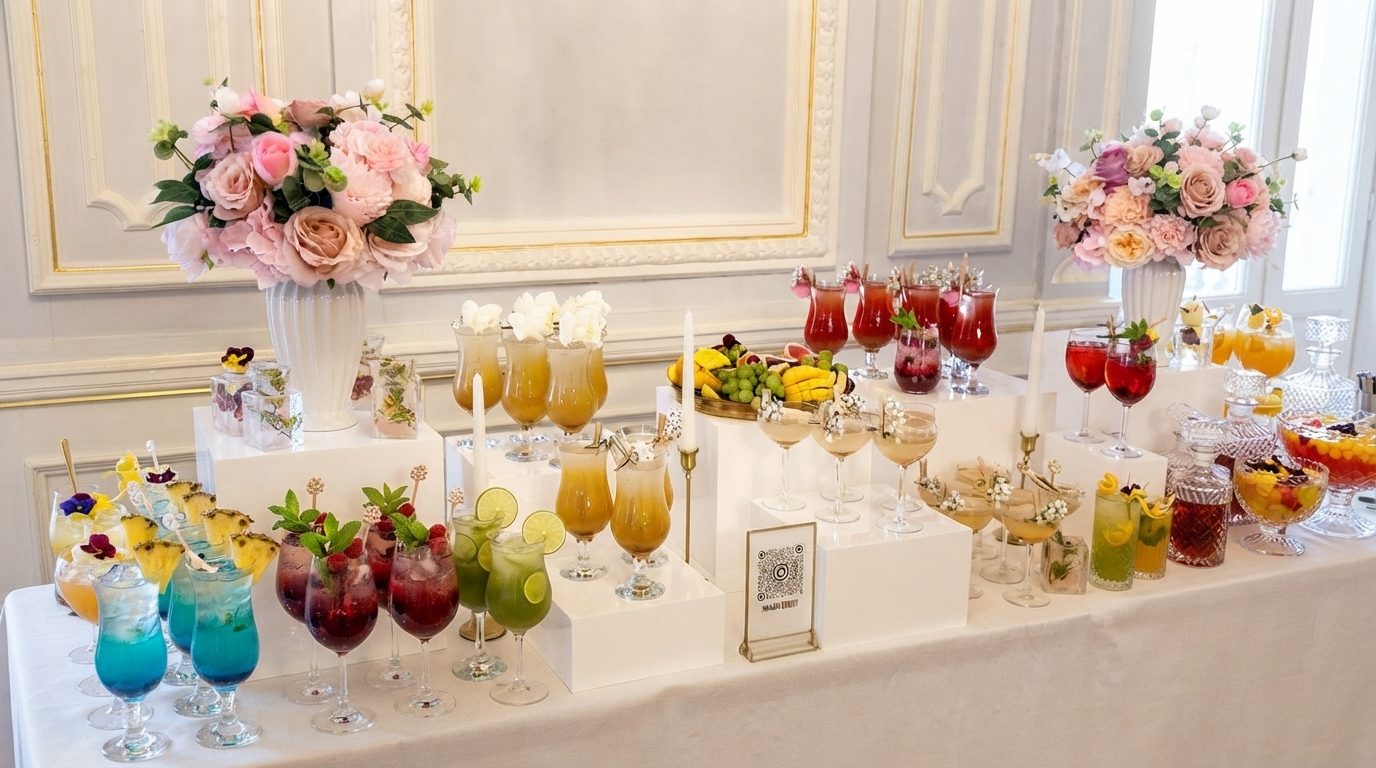 Mocktail-Bar mit bunten Getränken, Früchten und Blumen