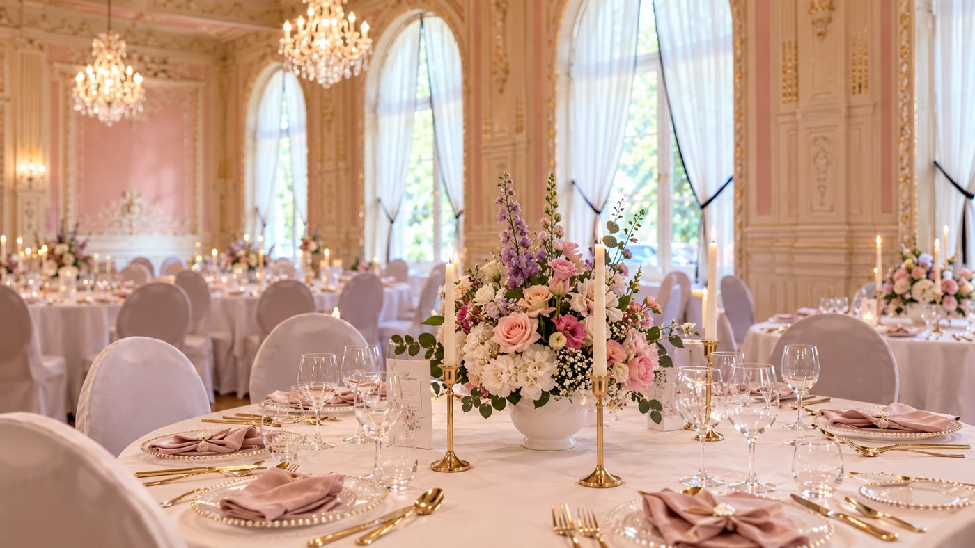 Tischdekoration mit Blumen, Kerzen und Goldbesteck